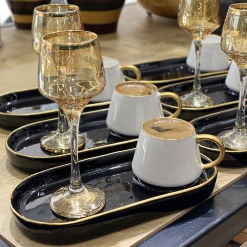 Black Gold Color Turkish Coffee Cup Set, Arabic Coffee Set 6 Cups, 6 Serving Plates