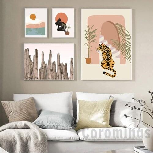 Boho Style Canvas Painting Sunset Landscape Tiger Posters And Prints Wall Art Abstract Woman Picture For Living Room On The Wall