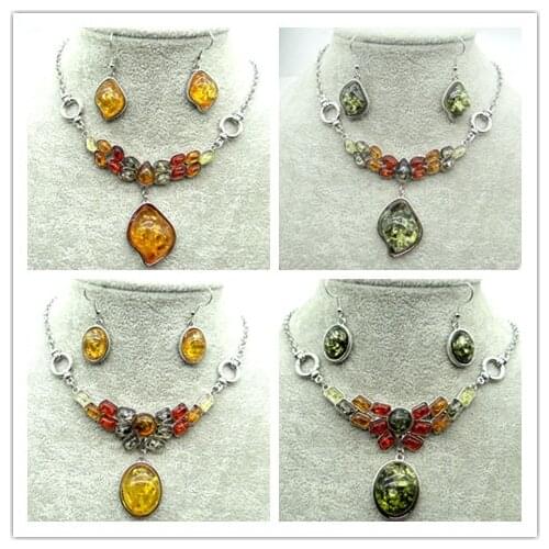 Wholesale Natural Precious Modernist TEARDROP GOLDEN HONEY PRESSED AMBERS NECKLACE Jewelry making earring necklace 1set