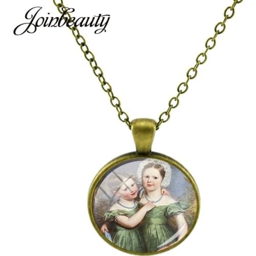JOINBEAUTY Beautiful Girl Sisters Picture Pendants Necklaces Handicraft Glass Dome Statement Necklaces DIY Fashion Jewelry WT108