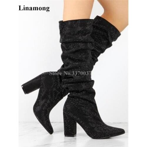 Women Luxury Bling Bling Pointed Toe Black Sliver Rhinestone Chunky Heel Long Boots Elegant Knee High Crystal Thick Heel Boots