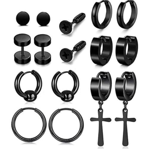 32CE 8 Pair/Set Stainless Steel Earring Set Cross Dumbbell Screw Pendant Ear Jewelry