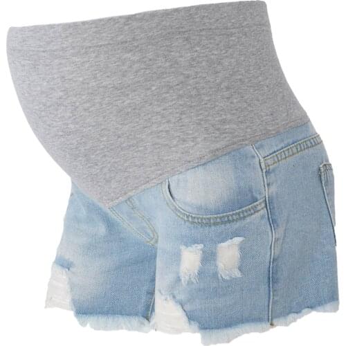 Pregnancy Women Shorts Elastic Band Waist Maternity Belly Bottoms Distressed Denim Patchwork Jean Shorts Casual Pregnant Clothes
