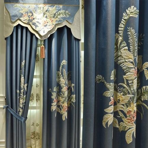 High-Grade Sapphire Blue Single Flower New Chinese Style Curtains for Bedroom Living Room Blackout Window Curtain Living Room