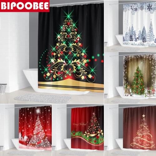 Merry Christmas Xmas Tree Bathroom Shower Curtains Festival Decoration Waterproof Polyester Fabric Bathtub Screen Bath Curtain