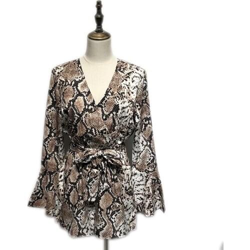 New 2021 spring and summer trumpet sleeves V-neck snake prints jumpsuit women slim high waist rompers womens jumpsuit W769