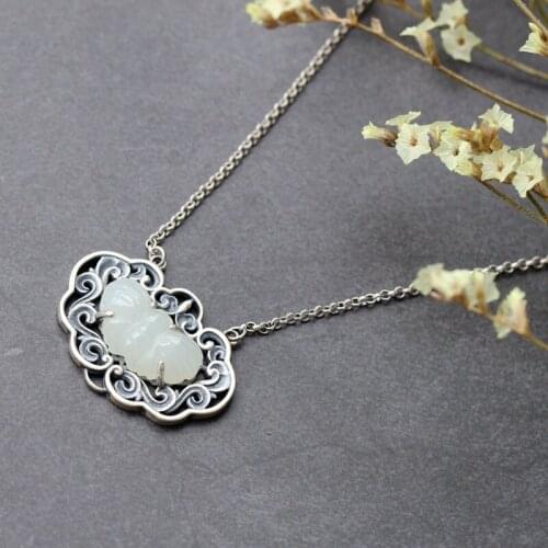 Retro Thai Silver Pavilion S925 Sterling Silver Wholesale Inlaid Natural Hetian Jade Hollow Pattern Women Silver Lock Necklace
