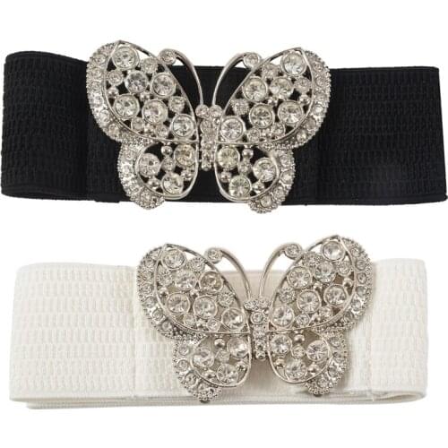 2 Pcs Women Rhinestones Accent Butterfly Hook Buckle Elastic Cinch Waist Belt, White & Black