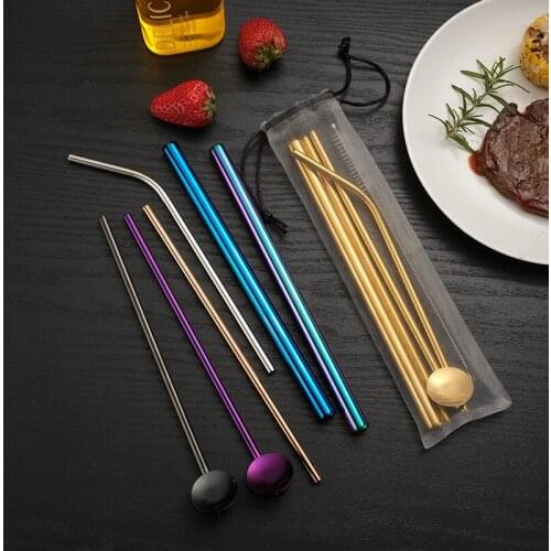 304 Stainless Steel Drinking Straw Rainbow Color Reusable Metal Straws Set with Cleaner Brush Milk Drinkware Bar Party Accessor