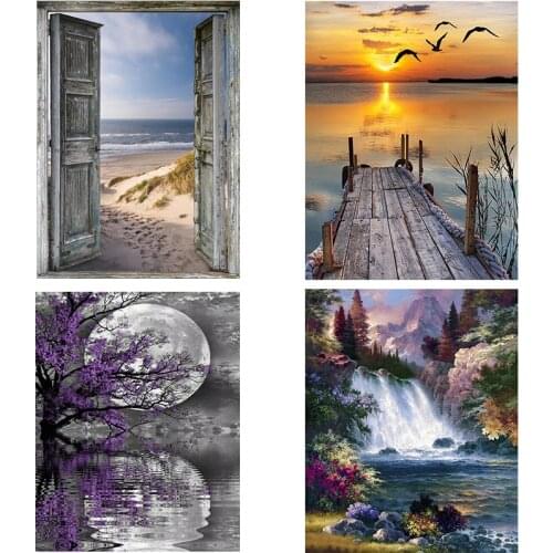 4Pieces/lot DIY Door 5D Diamond Painting Sunset Scenery Cross Stitch Waterfall Diamond Embroidery Full Round Mosaic Home Decor