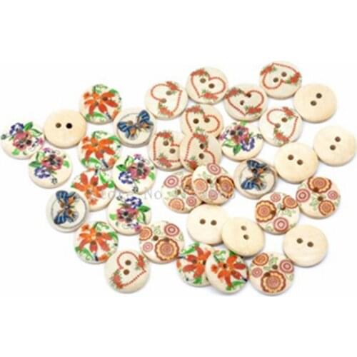 50Pcs Mixed Multicolour Flower Print Patterns, 2 Holes Round Wooden Buttons , for Sewing, Scrapbooking Crafts , 7NK99
