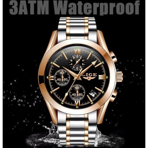 LIGE 9839 Luxury Business Men Genuine Waterproof Sports Chronograph Leather Watches Casual Quartz Wristwatch Clock Male