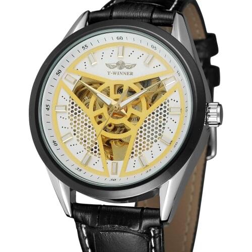 Winner 2019 Top Brand Black Gold Male Clock Men Relogios Skeleton Mens Watches Luxury Montre Leather Wristwatch Mechanical Watch