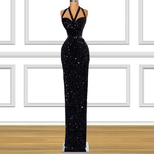 Double Straps Black Sequin Prom Dresses Sheath Slim Wedding Party Dress robe anniversaire femme 2021 Special Occasion Dress