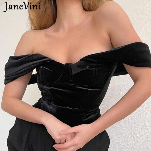 JaneVini 2021 Summer Fashion Black Velour Blouses Sexy Off Shoulder Backless Solid Slim Fit Shirts Women Tops Blusas Streetwear