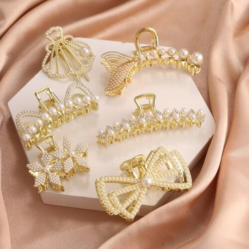 IPARAM Fashion Crystal Pearl Metal Claw Clip Headwear Women Girls Geometric Imitation Pearl Crystal Hair Clips Hair Accessories