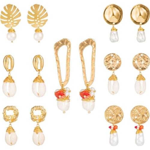 New Fashion Natural Freshwater Baroque Pearl Tassel Earrings Gold Leaf Coin Disc Cowrie Shell Earrings Jewelry For Women