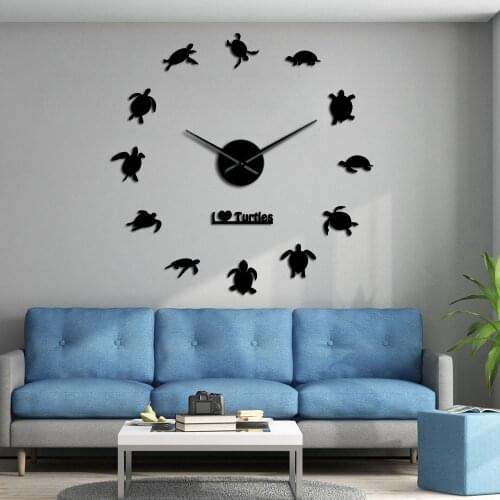 I Love Turtles 3D DIY Sticker Frameless Decorative Giant Wall Clock Sea Turtles Silhouette Beach Decor Sea Animals Large Watch