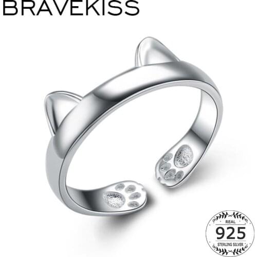 BEAVEKISS 925 Sterling Silver Cute Cat Paw Open Rings for Women Creative Animal Finger Band White Gold Adjustable Ring BLR0163