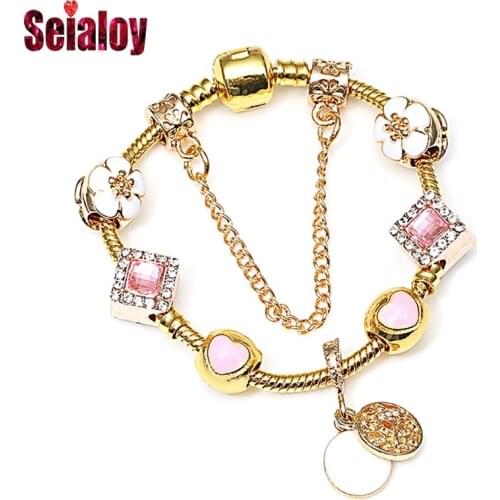 Seialoy Gold Color Beads Charm Bracelet & Bangle Original Fashion Round Pendant Bracelets For Women Jewelry Gift