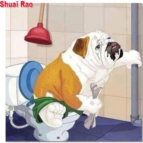 Full Square/Round diamond 5D diamond embroidery fat bulldog on toilet Rhinestone mosaic home decor painting rhinestone