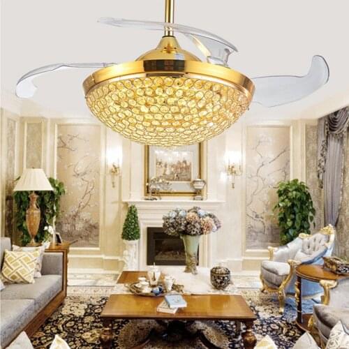 European style ceiling fan lamp crystal fan lamp bedroom dining room lamp with invisible modern home ceiling fan chandelier