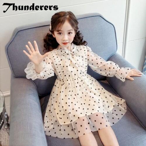 Thunderers Casual Kids Princess Dress For Girls Dots Printed Long Sleeve Mesh Girl Party Dresses Fashion Children Clothes