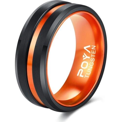 POYA 8 mm Black Tungsten Ring With Orange Aluminum Liner Interior Mens Womens Wedding Band