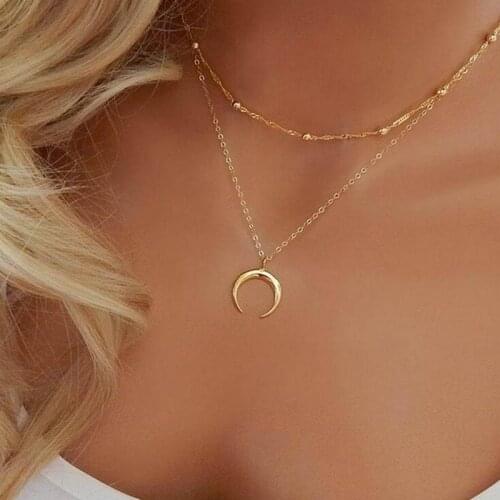 RONGBIN Simple Fashion Choker Necklace Golden Double Long Chain Pendant Moon Necklace the Women Charm Jewelry