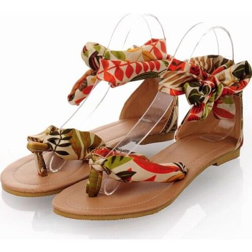 Bohemian Style Flat Sandals Women 2021 Summer Lace-up Flat Heels Beach Sandals Female Fashion Casual Womens Shoes Plus Size 43