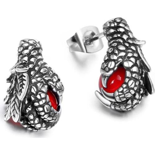 Vintage Stainless Steel Dragon Claw Stud Earrings Fashion Personality Punk Animal Red Gem Earrings Male Motorcycle Party Jewelry