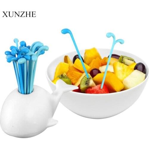 XUNZHE 16 pcs +1 Stand Whale Shape Fruits Fork Plastic Vegetable Fork Fruit Snack Dessert Forks Holder For Party