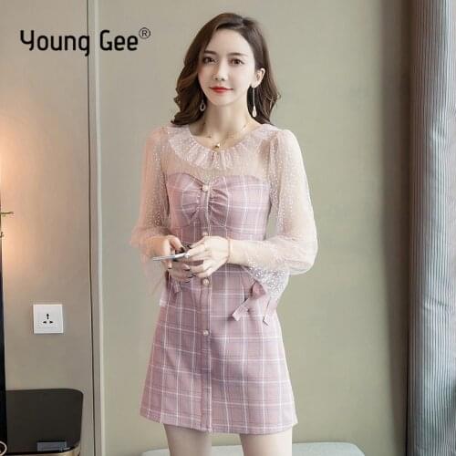 Young Gee Spring Fall Fashion Elegant Lace Women Bodycon Office Lady Work Short Dress Slim Prom Formal Party Plaid Mini Dresses