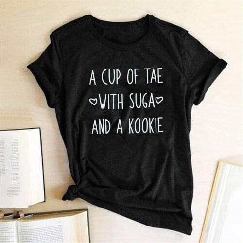 A Cup of Tae with Suga and A Kookie Letter Print Women T-shirt Round Neck Summer Casual Femme T-Shirt Top Woman Clothes