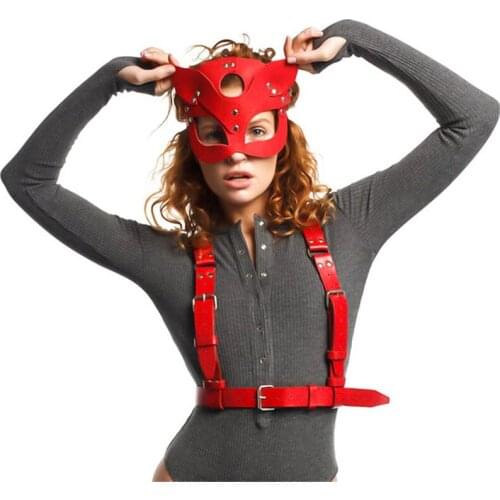 Women Leather Harness Sexy Red Garter Belt Adult Underwear Body Harness BDSM Fetish Pu Leather Garter Belt Party Mask Sex Toy
