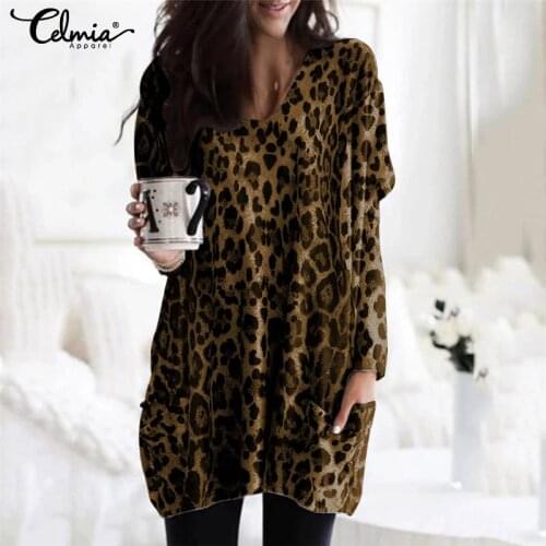 Celmia Vintage Long Sleeve Tunic Tops Women Sexy V-Neck Pockets Blouses Casual Leopard Print Shirt Elegant Work Blusas