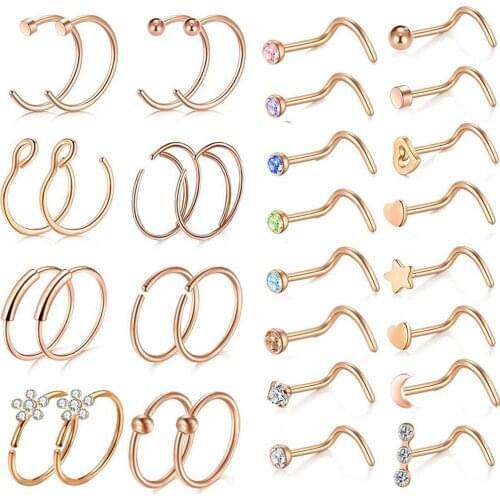 Heart Star Shape Crystal Nose Studs Surgical Steel Nostril Studs Screws Nose Ring Hoop Body Piercing Rose Gold Nose Stud Jewelry