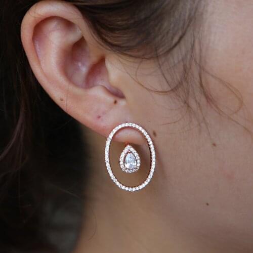 Rose gold silver color cz earring for women girl european trendy modern ear jewelry front back double side geometric earrings