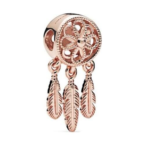 Genuine 925 Sterling Silver Charm Rose Gold Spiritual Dreamcatcher Bead Fit Women Pan Bracelet & Necklace DIY Jewelry