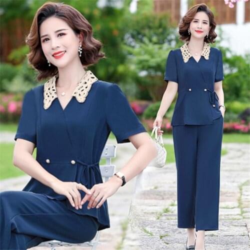 Summer Work Pant Suits OL 2 Piece Set for Women Spring Summer Short Sleeve blouse and Wide Leg Pants Sets Office Lady Outfits