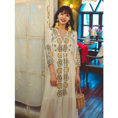 Ethnic Floral Embroidered Long Dress Women Bohemian Beach Vintage V-neck Cardigan Dress Button-Down Lantern Sleeves Long Dresses