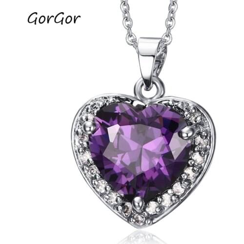 GorGor Fashion Copper Heart-shaped Purple Crystal with Stainless Steel O-Chains Pendant Necklace for Women Jewelry Gift PNB-001