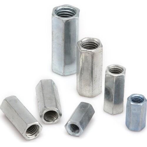 10pcs Steel Hex Connector Nut M6*18 M8*28 M10*32 M12*38 Joint Nut Galvanized Extended Six Angle Nut Extended Round Joint Nut