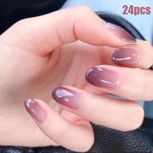 24Pcs Bean Paste Gradient Nail Stickers Short Paragraph Fashion False Nails ​Glue Type DIY Nail Art Decoration For Manicures