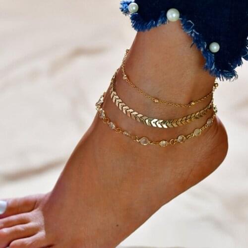 AMORUI 3 Pcs/set Arrowed Multilayer Anklet Set Gold Color Simple Style Women Anklet Summer Fashion Beach Jewelry Drop Shipping