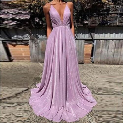 Bling Sequin Light Purple Prom Dresses Long A Line 2020 Criss Cross Backless V Neck Sweep Train Formal Party Evening Gowns