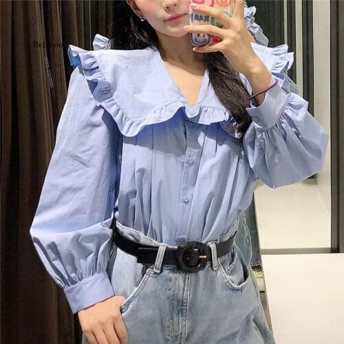 Fashion Blue Peter Pan Collar Ruffled Blouses Women Long Sleeve Button-Up Female Shirts Casual Ladies Top Shirt