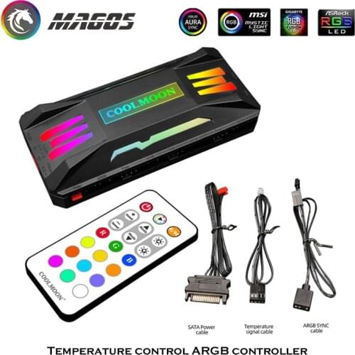 COOLMOON PC Case Fan RGB HUB Controller, PWM Smart TEMP. ADJ.+ 5V ARGB M/B SYNC, Wireless Remote Control For Chassis Cooling Fan