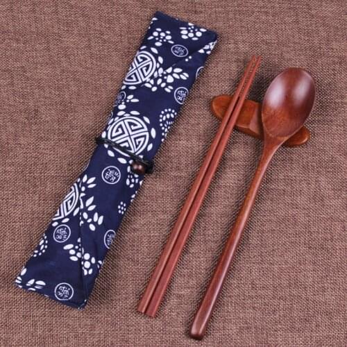 Wooden chopsticks spoon simple set Japanese chopsticks spoon combination Convenient outdoor travel gift tableware with cloth bag