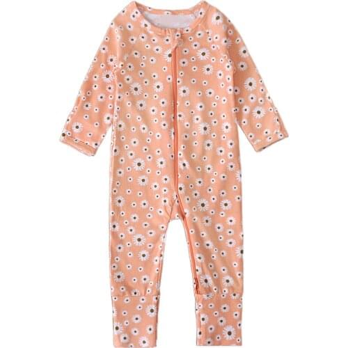Toddler Autumn Romper, Flower Print Round-Neck Long Sleeve Zipper Jumpsuit for Baby Girls